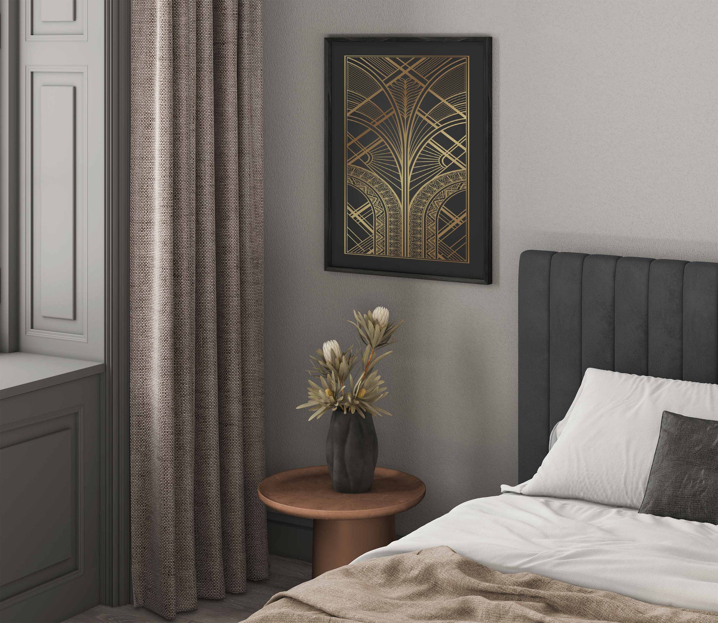 Art deco print in gold and black