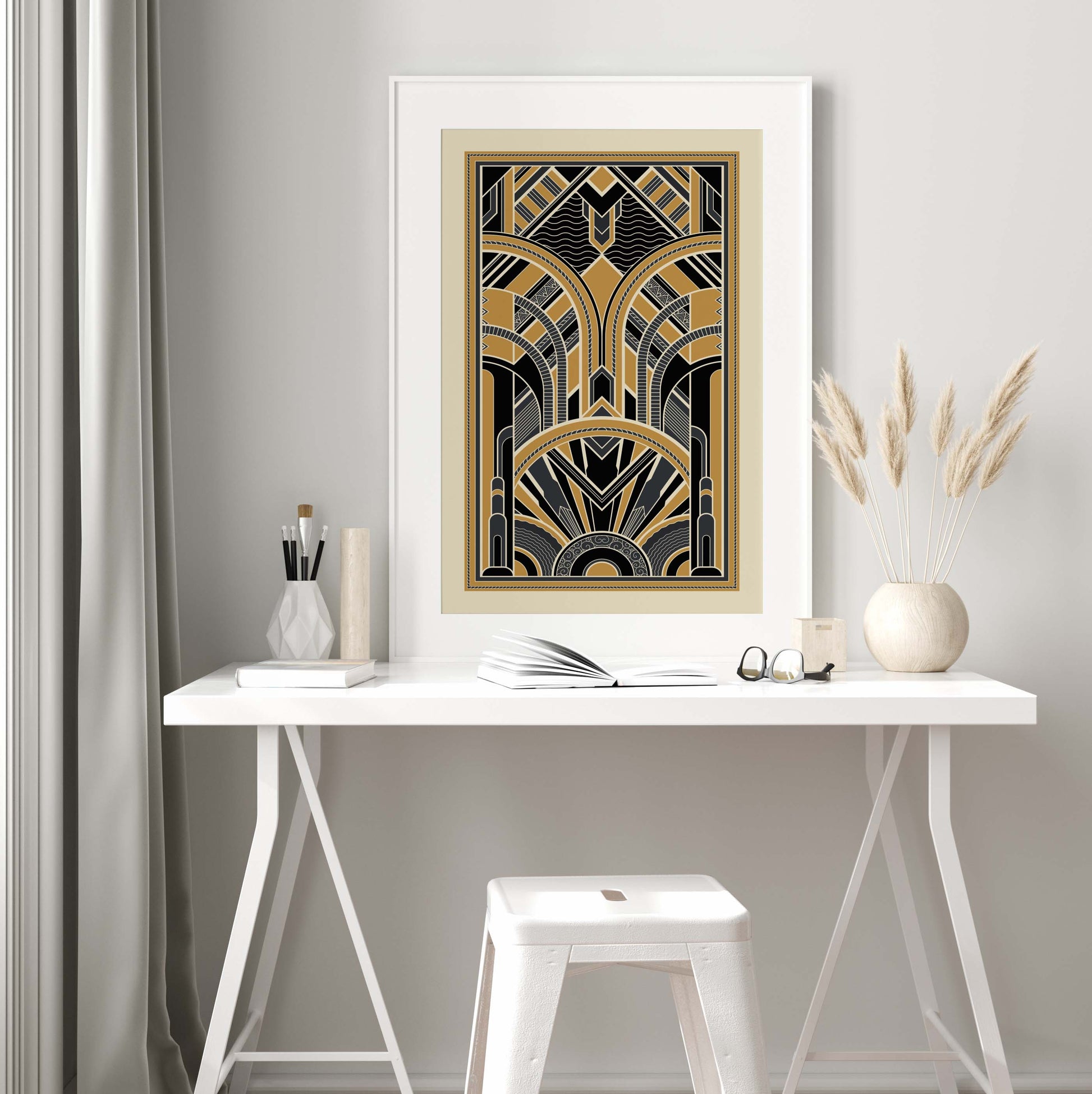 Art deco print with geometric pattern in gold and black