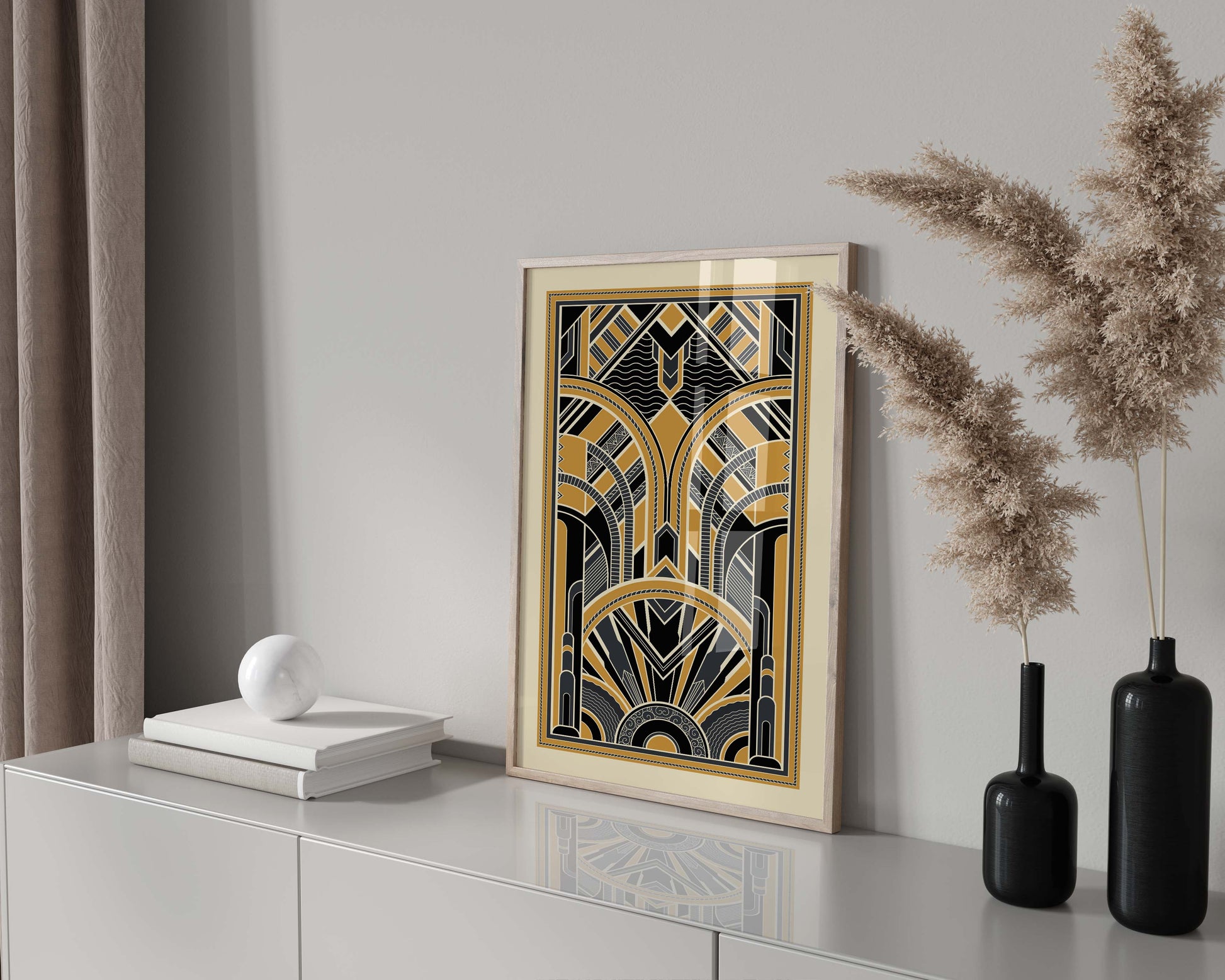 Black and gold art deco print with symmetrical pattern