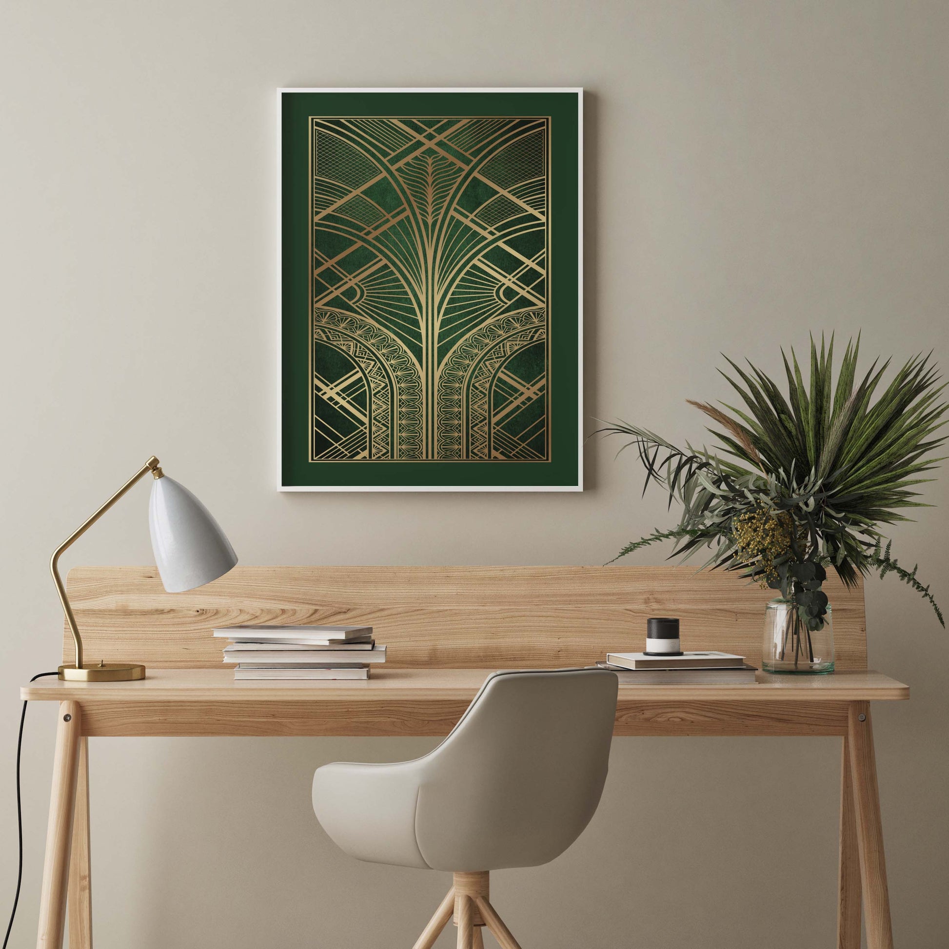 Art deco print with geometric pattern in green and gold