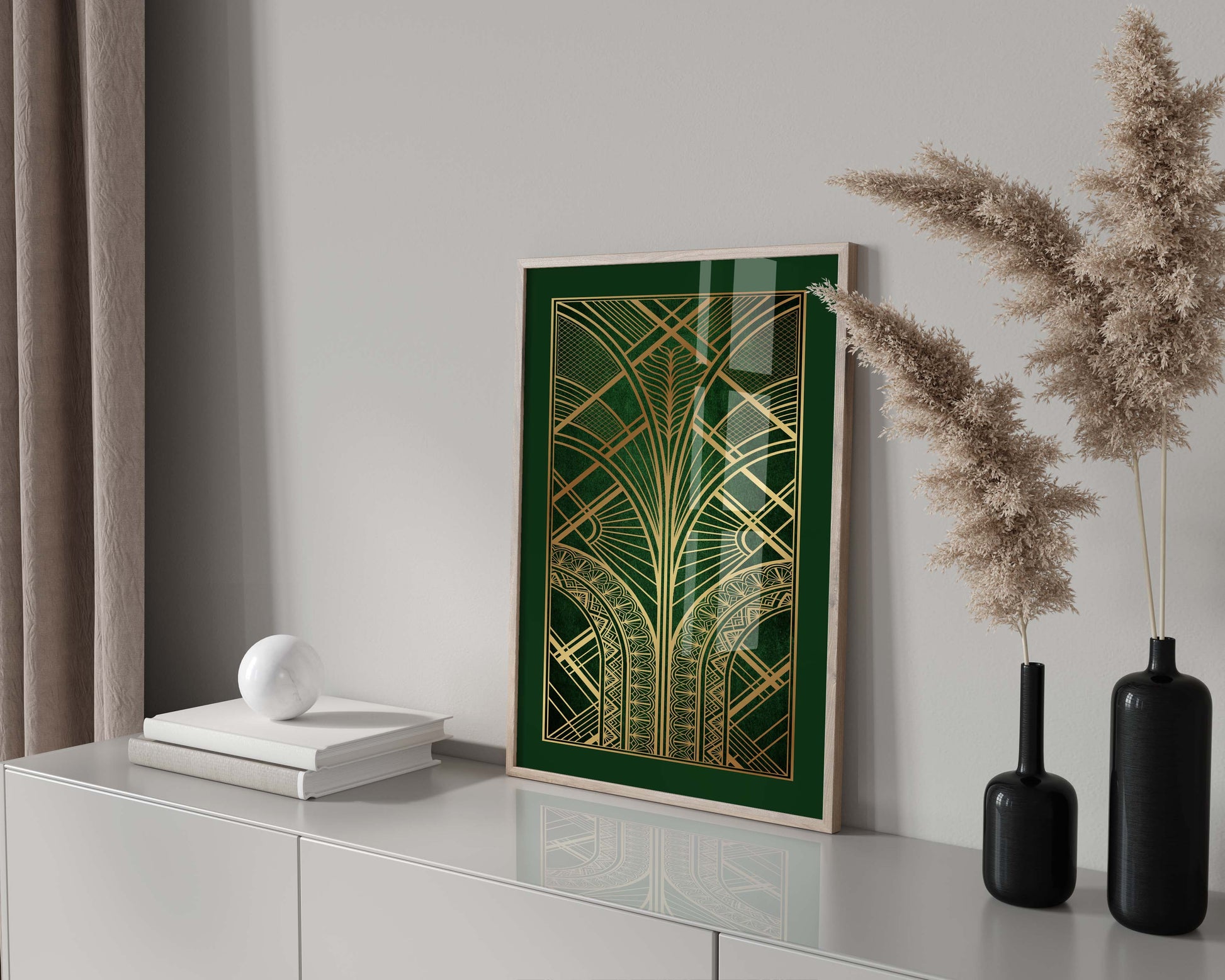 Art deco wall art print in green and gold