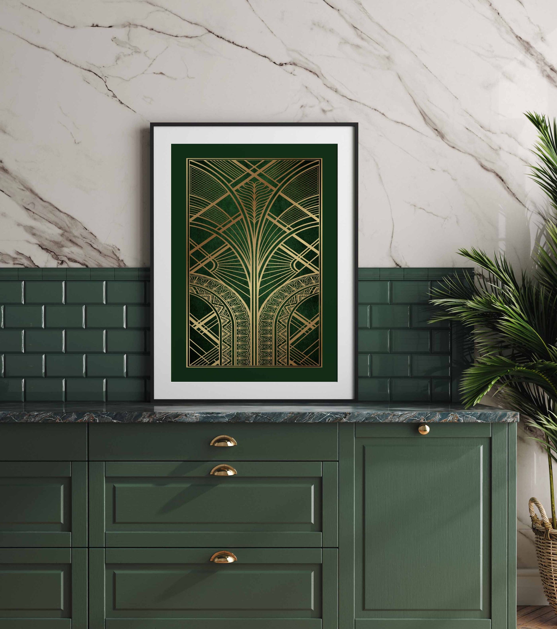 Geometric art deco  poster in gold and green