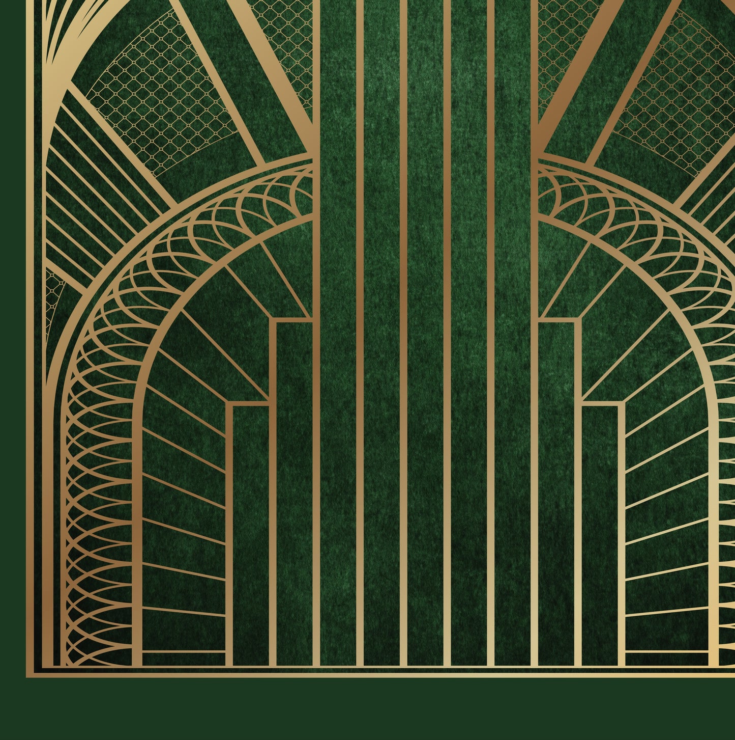 Close up view of art deco print in green and gold