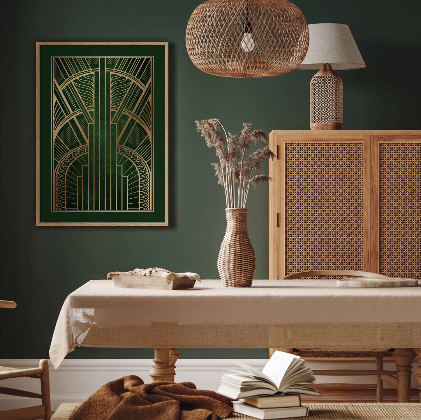 Art deco wall art print in gold and green