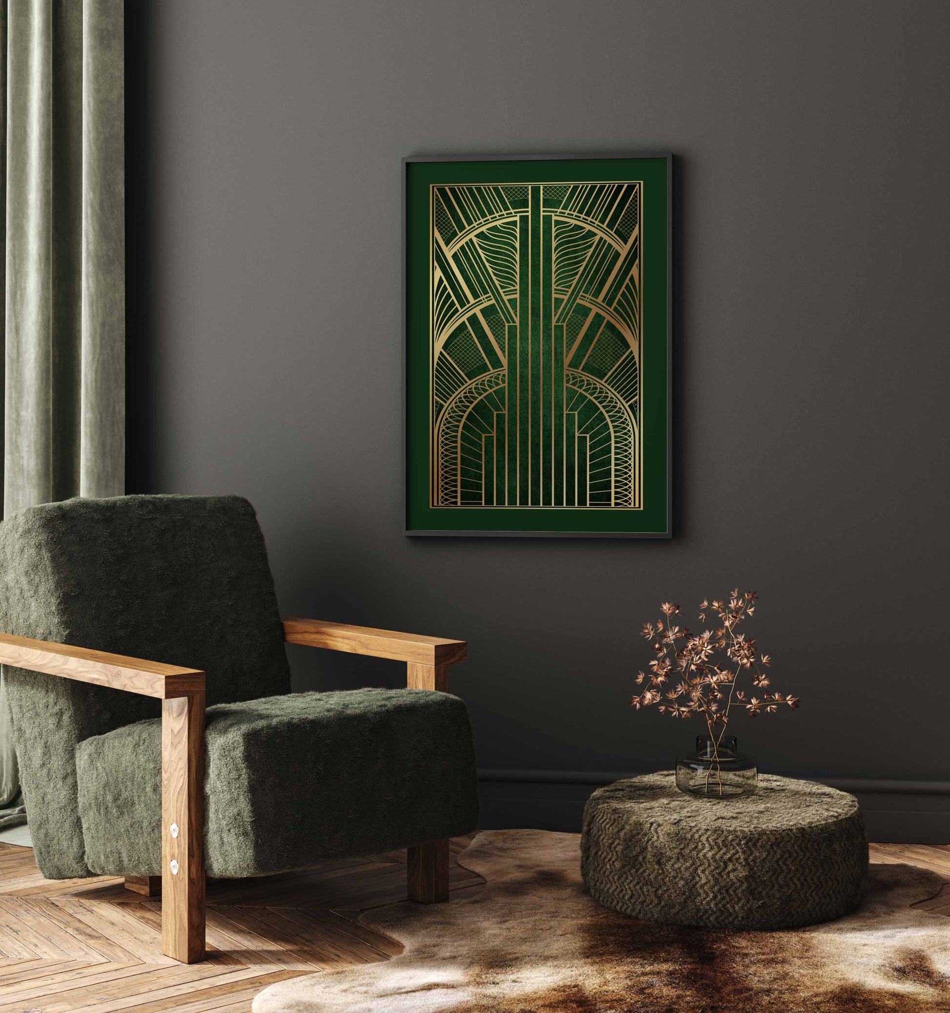 Art deco wall art print in gold and green