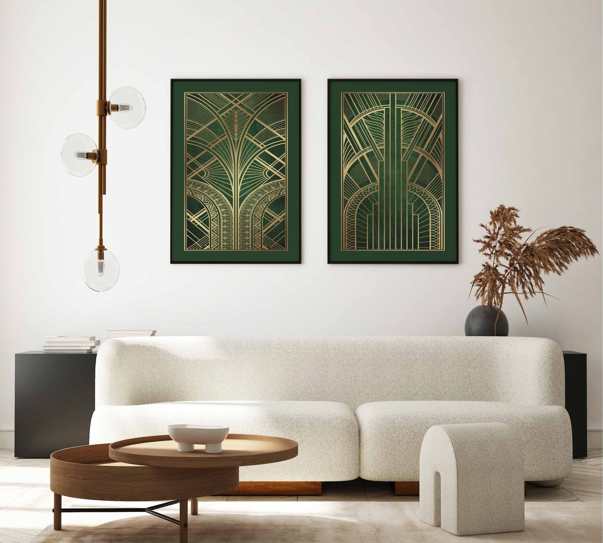 Set of art deco prints in green and gold with geometric symmetrical pattern