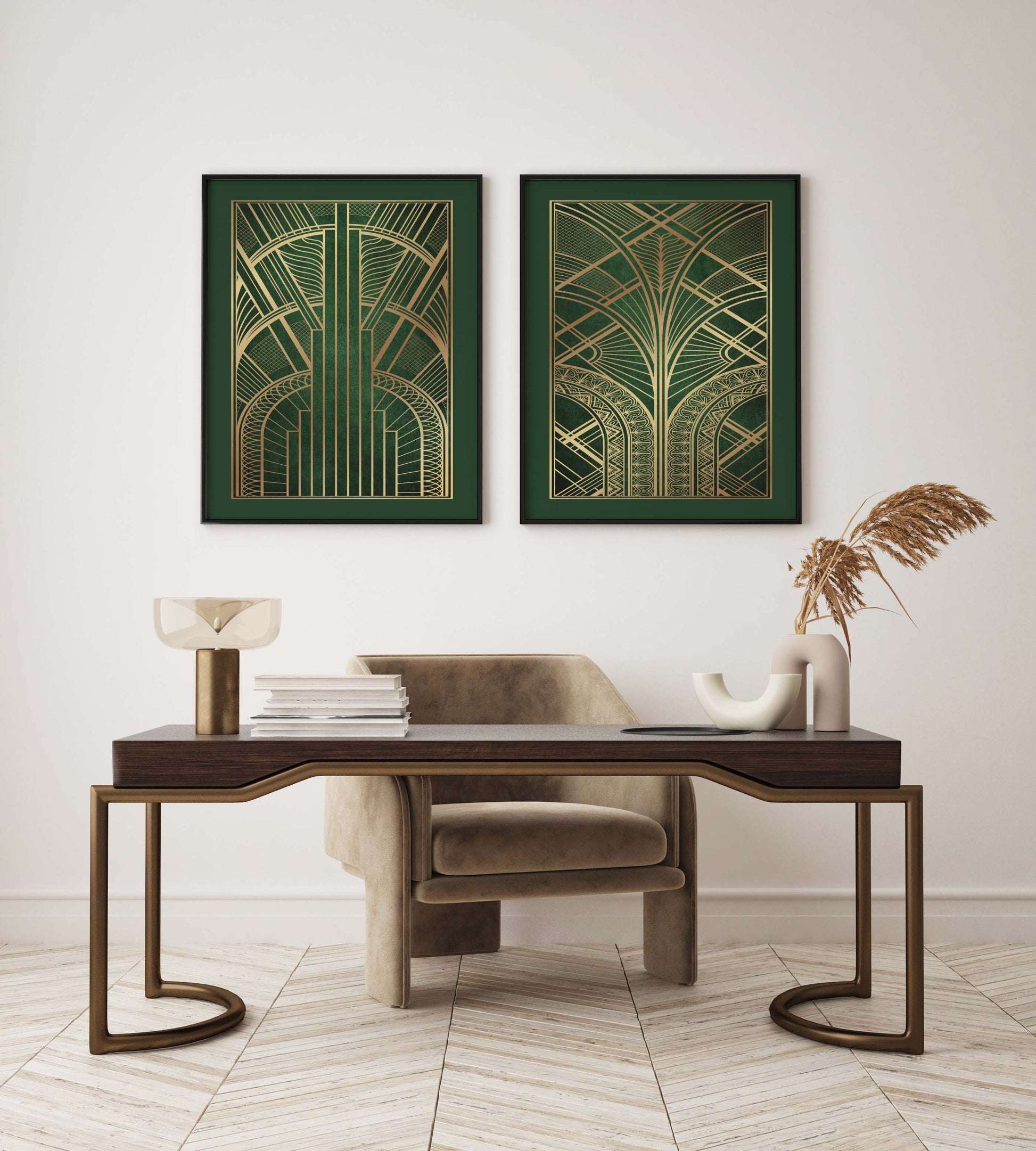 Set of art deco prints in green and gold with geometric patterns