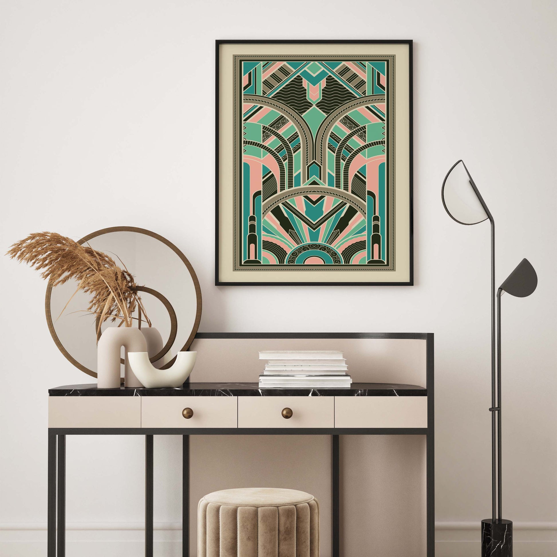 Art deco wall art print with symmetrical pattern in pink and teal