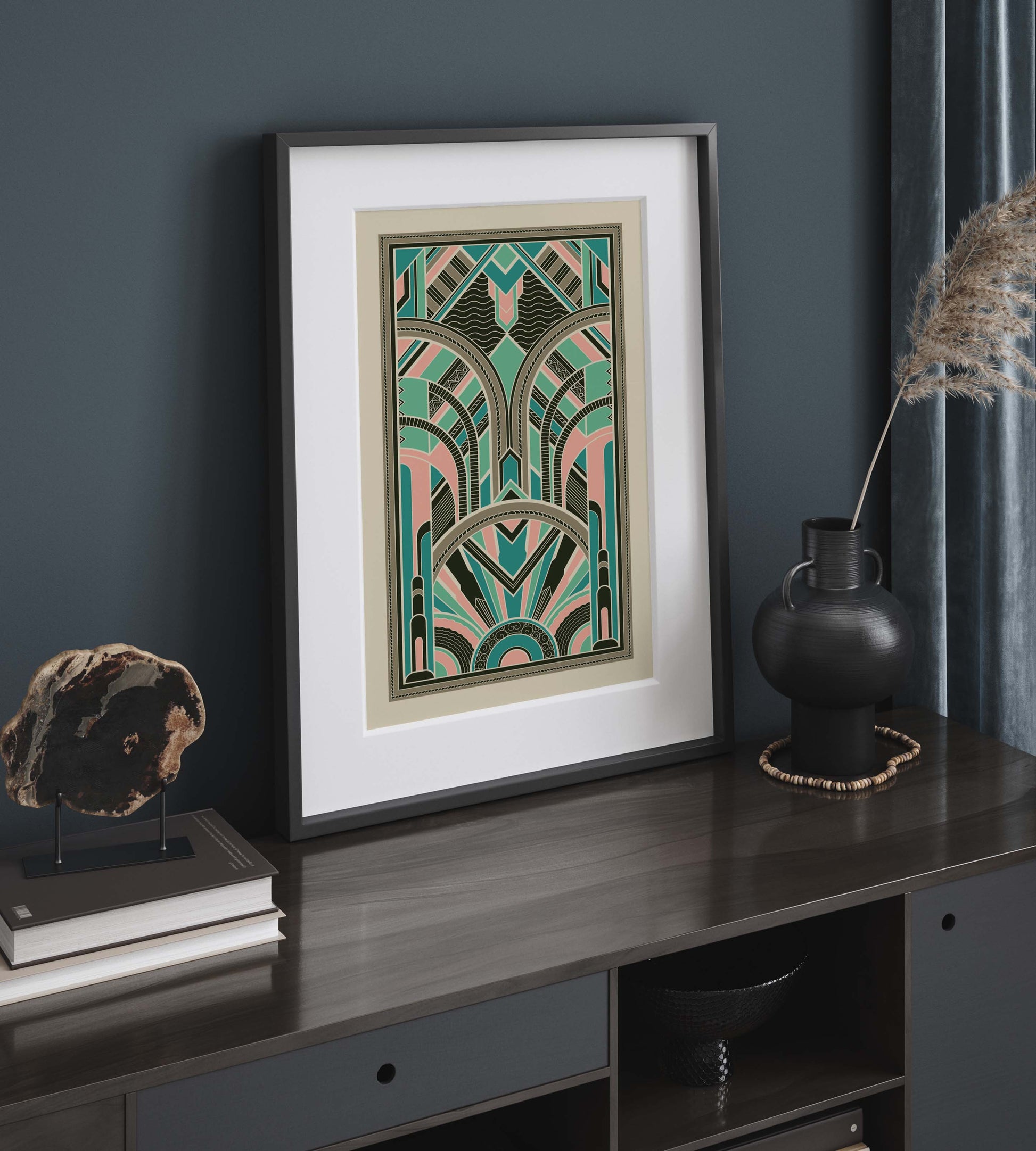 Art deco poster with geometric pattern in pink and teal