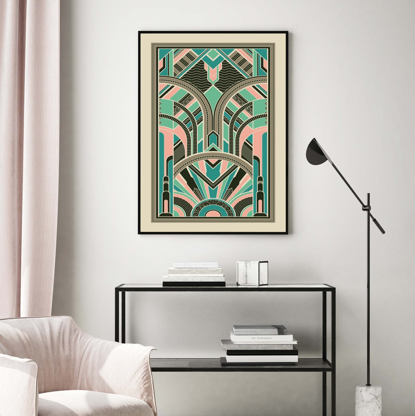 Art deco art print in pink and teal