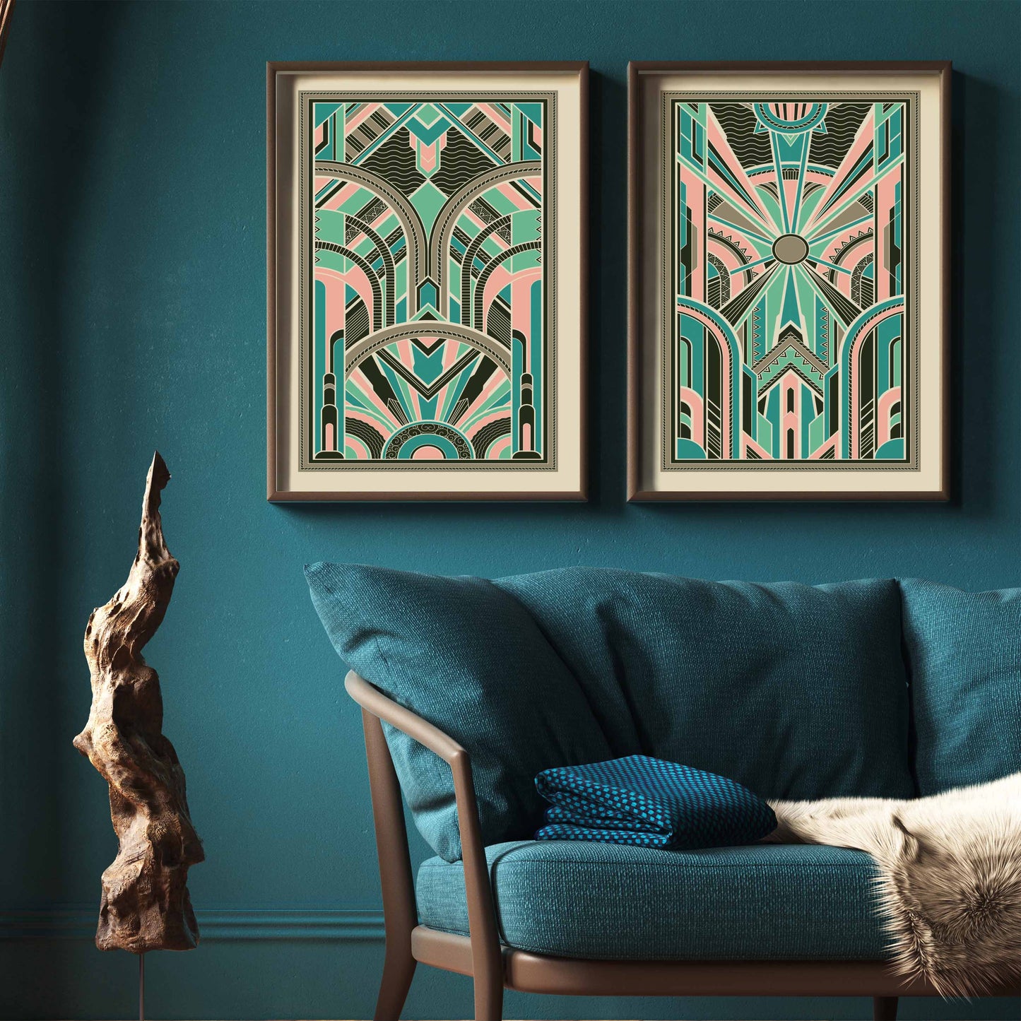 Set of 2 art deco  prints in pink and teal