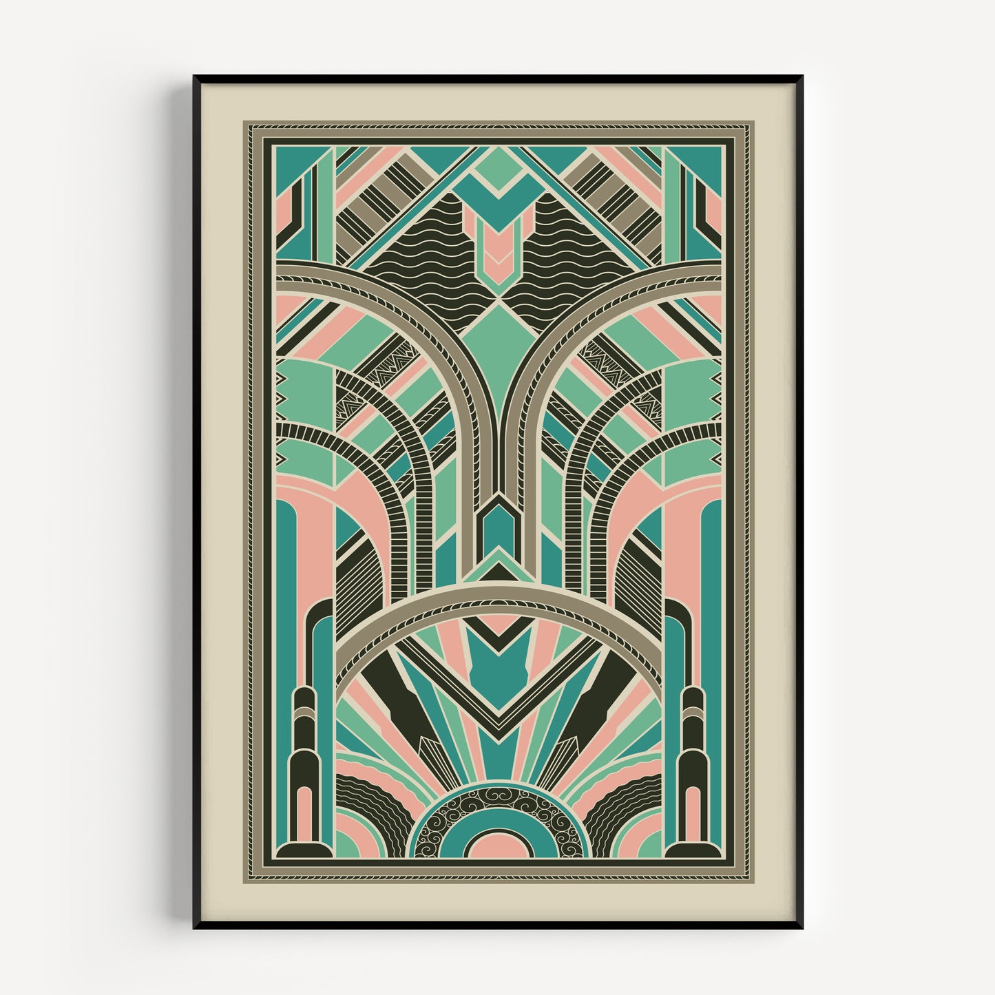 Art deco print with geometric pattern in pink and teal