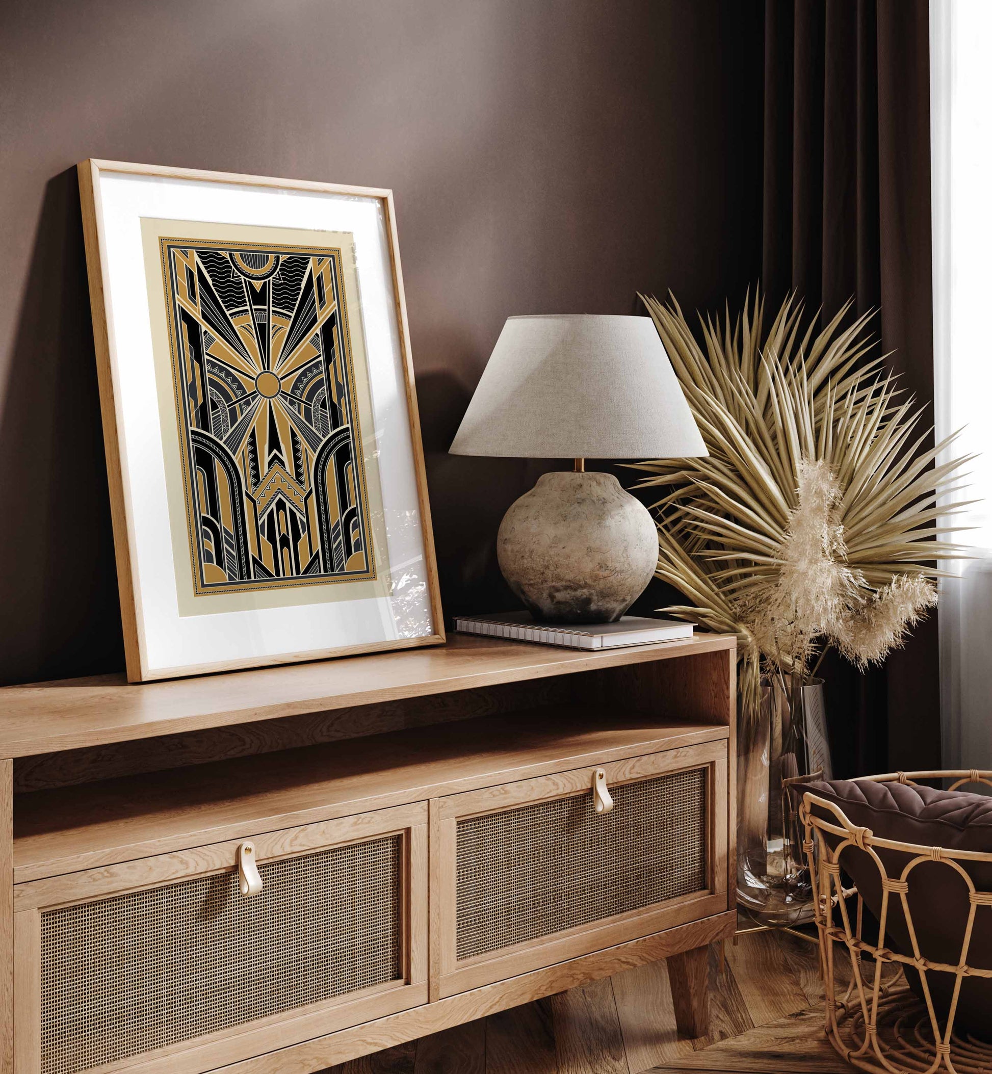 Art deco print with a geometric style pattern in gold and black