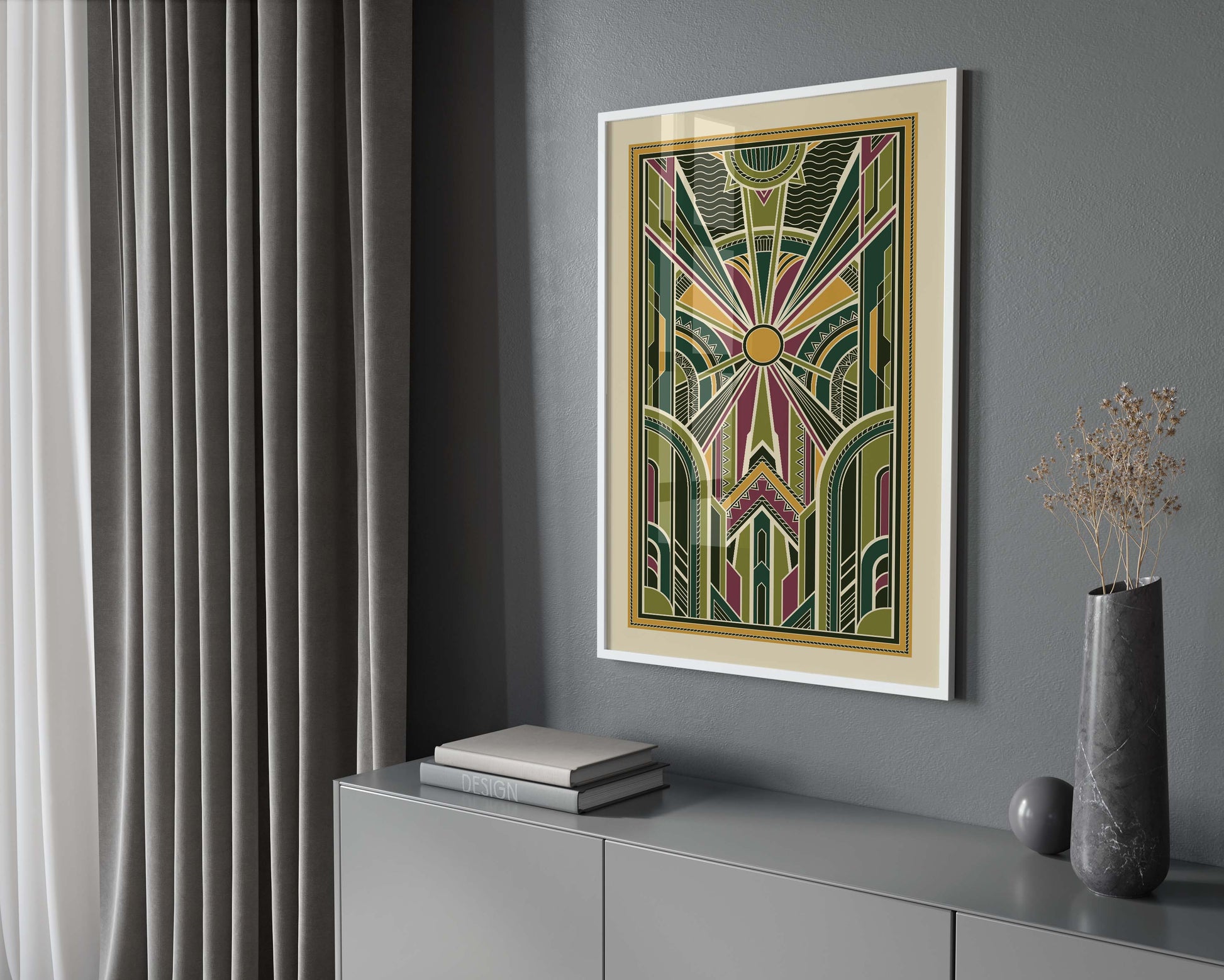 Art deco poster with a symmetrical pattern and rich green colour palette