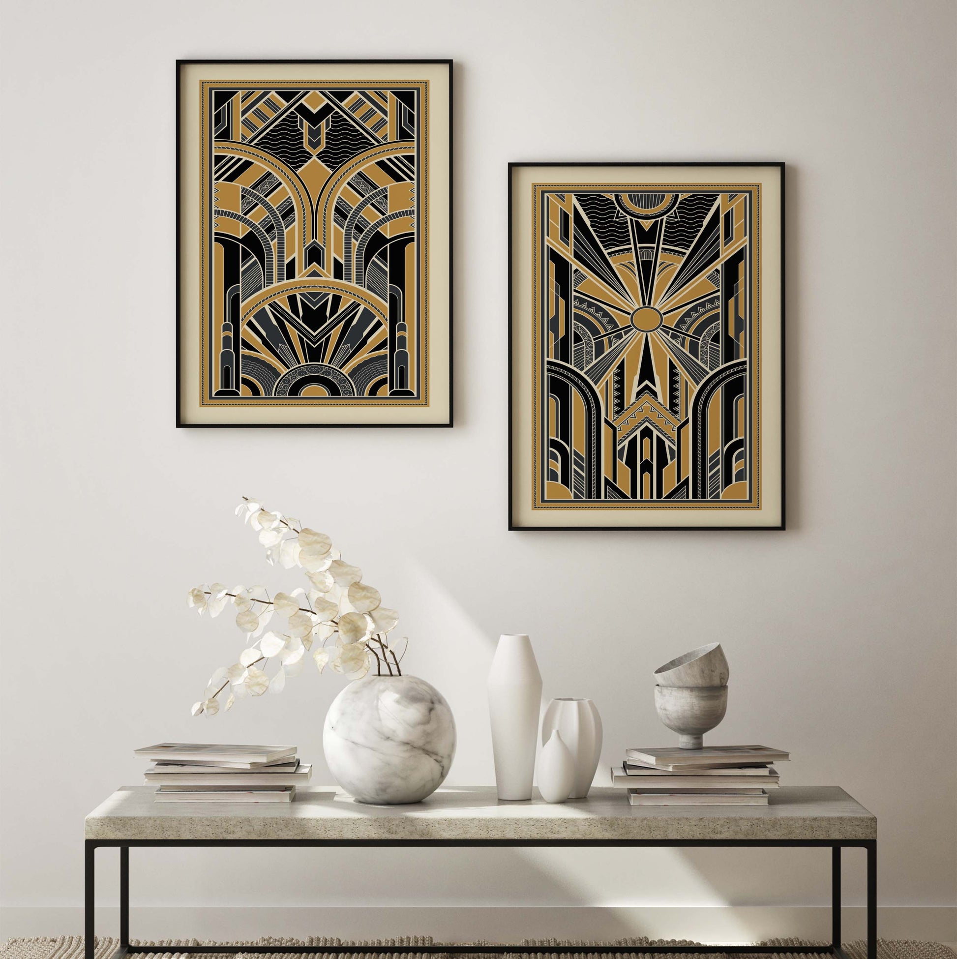 Art deco print set in black and gold, set of 2