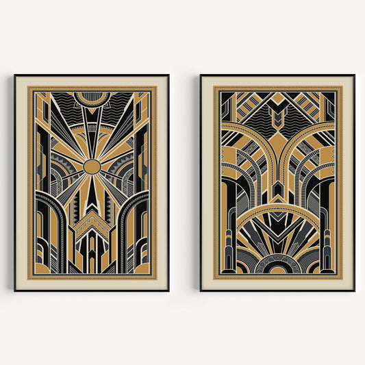 Set of 2 art deco pattern prints in black and gold
