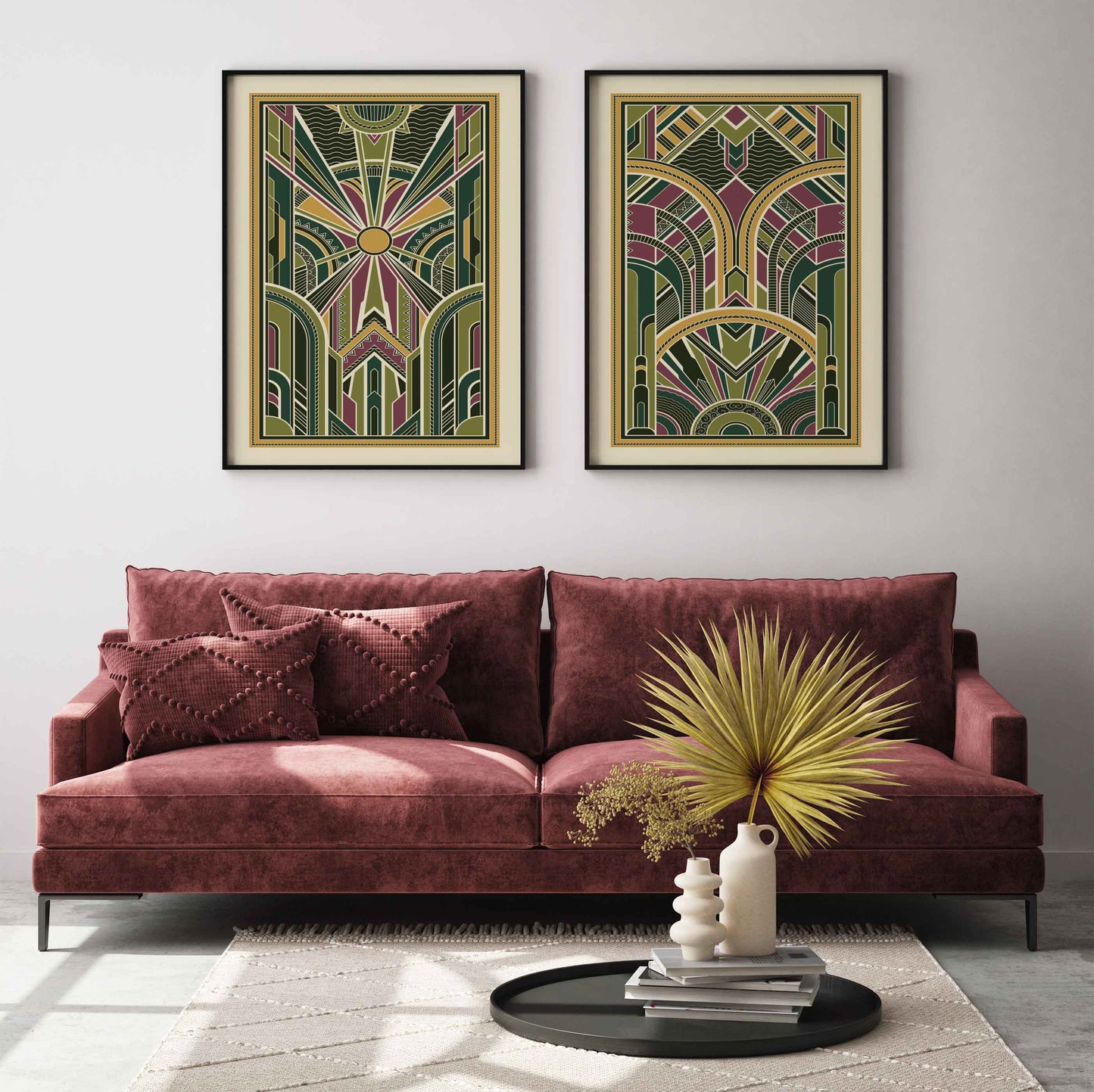 Set of Art Deco Prints with geometric pattern in Green