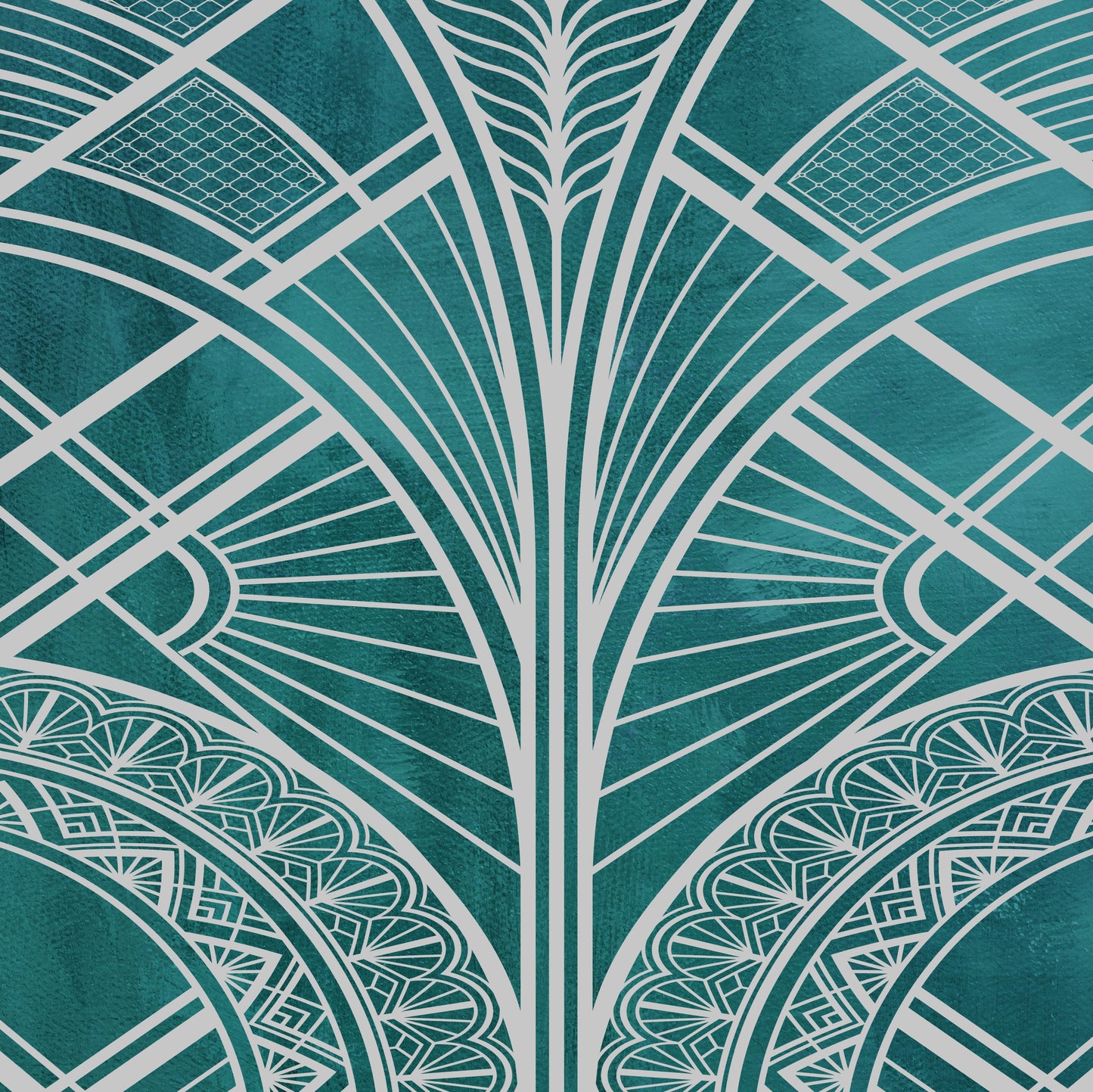 Close up showing the detail of an art deco print in teal and silver