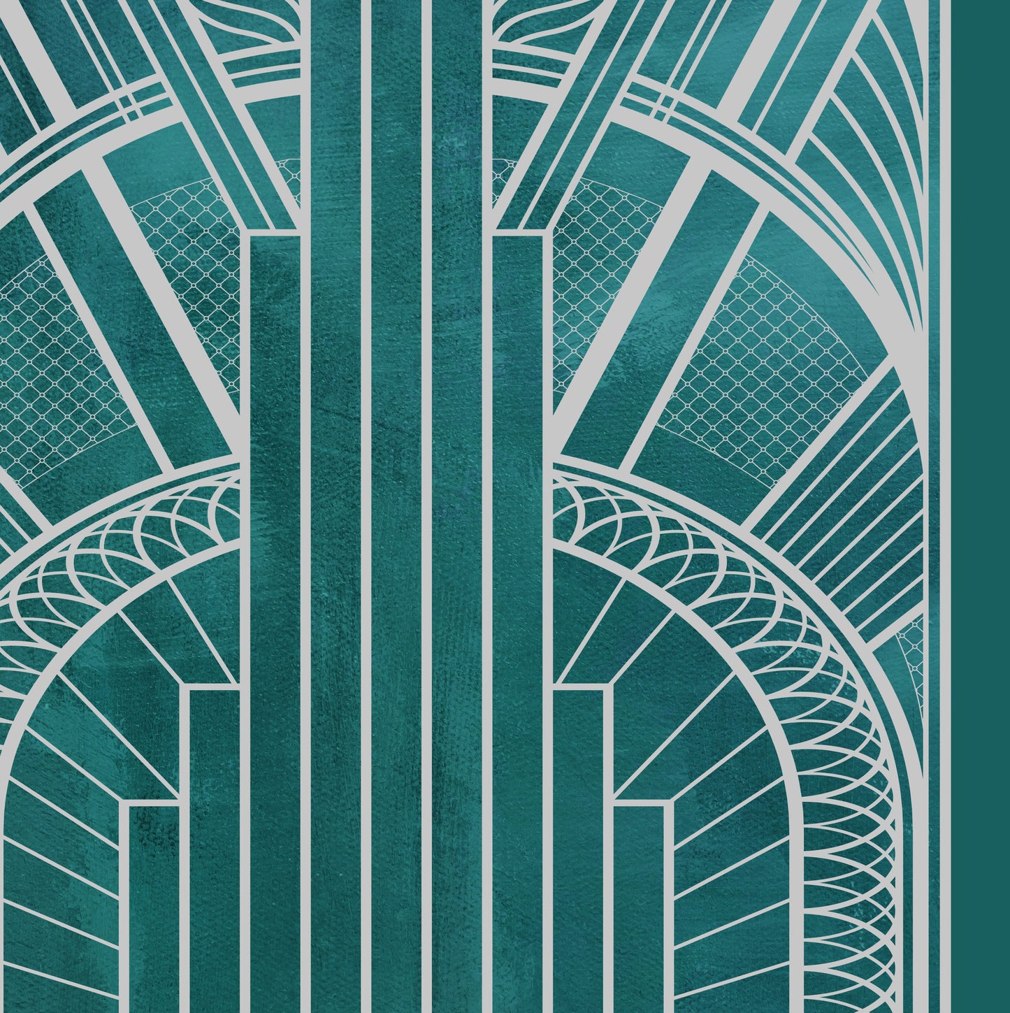 Close up detail of an art deco pattern print in silver and teal