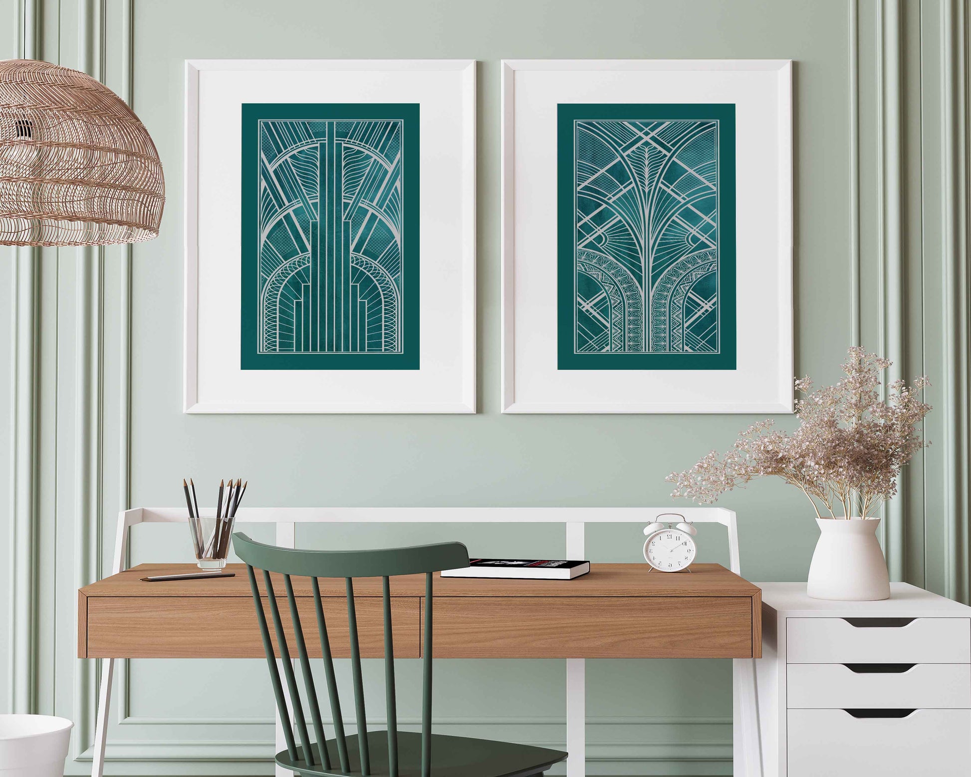 Teal art deco print set in silver and teal