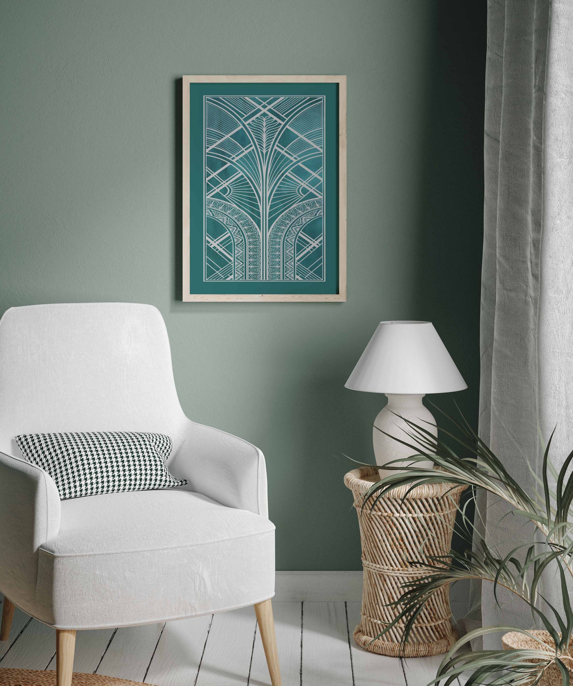 Art deco wall art print in teal and silver