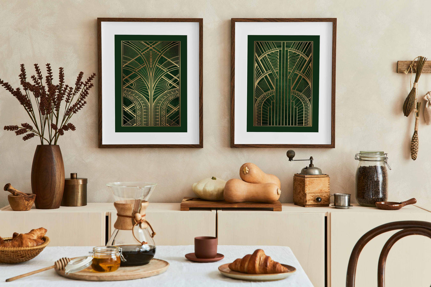 Set of green and gold art deco pattern prints