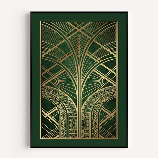 Green and gold art deco print