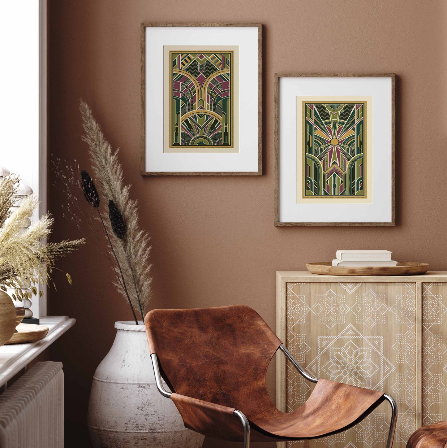 Art deco pattern prints in green and gold, set of 2 wall art prints