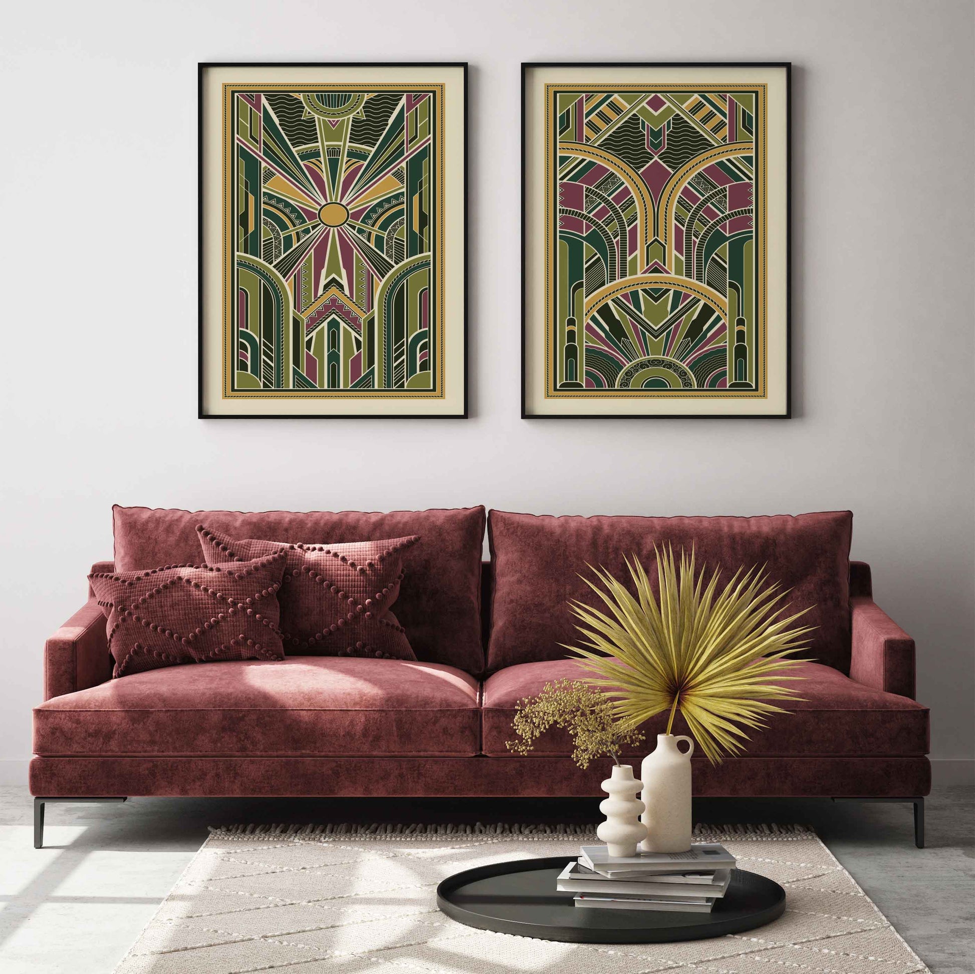 Art deco print set in green and gold
