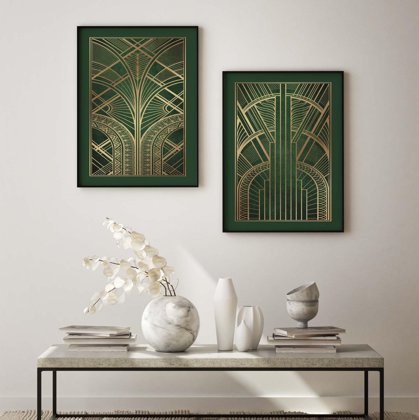 Set of 2 green and gold art deco prints