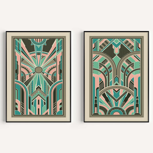 Art deco print set in pink and teal blue