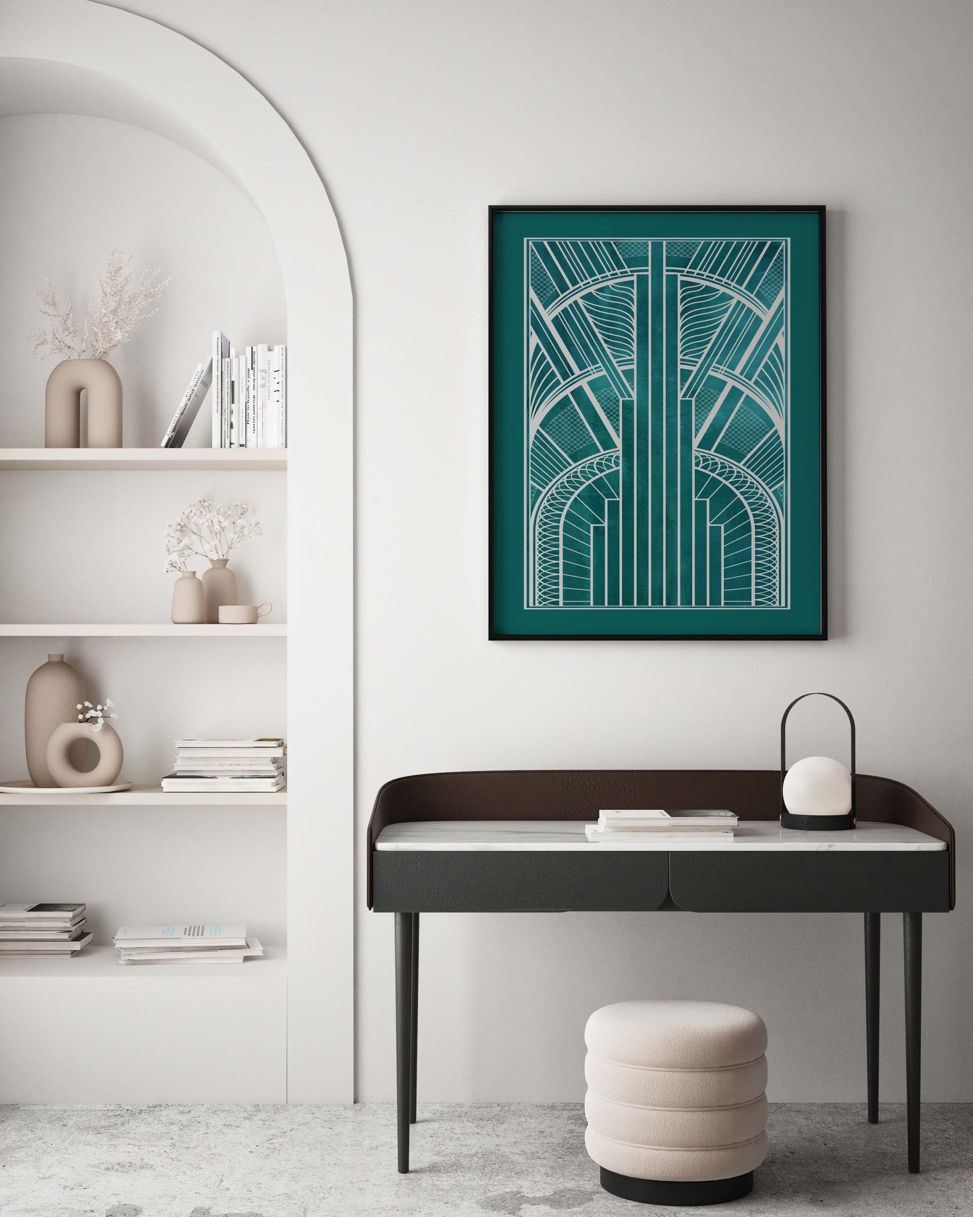 Art deco wall art print in teal and silver