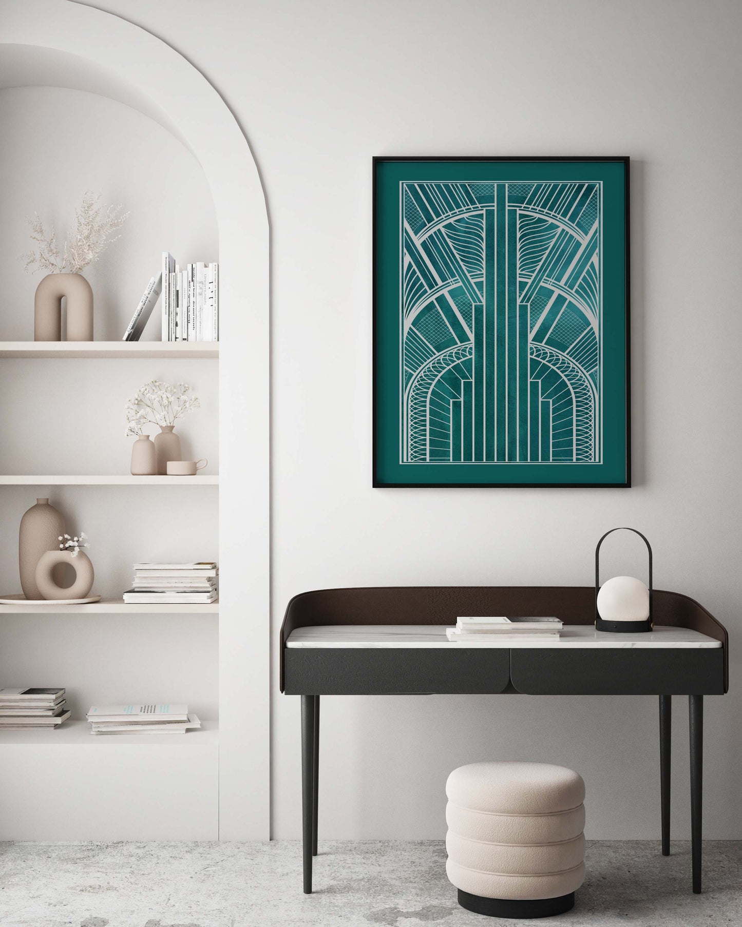 Art deco wall art print in teal and silver