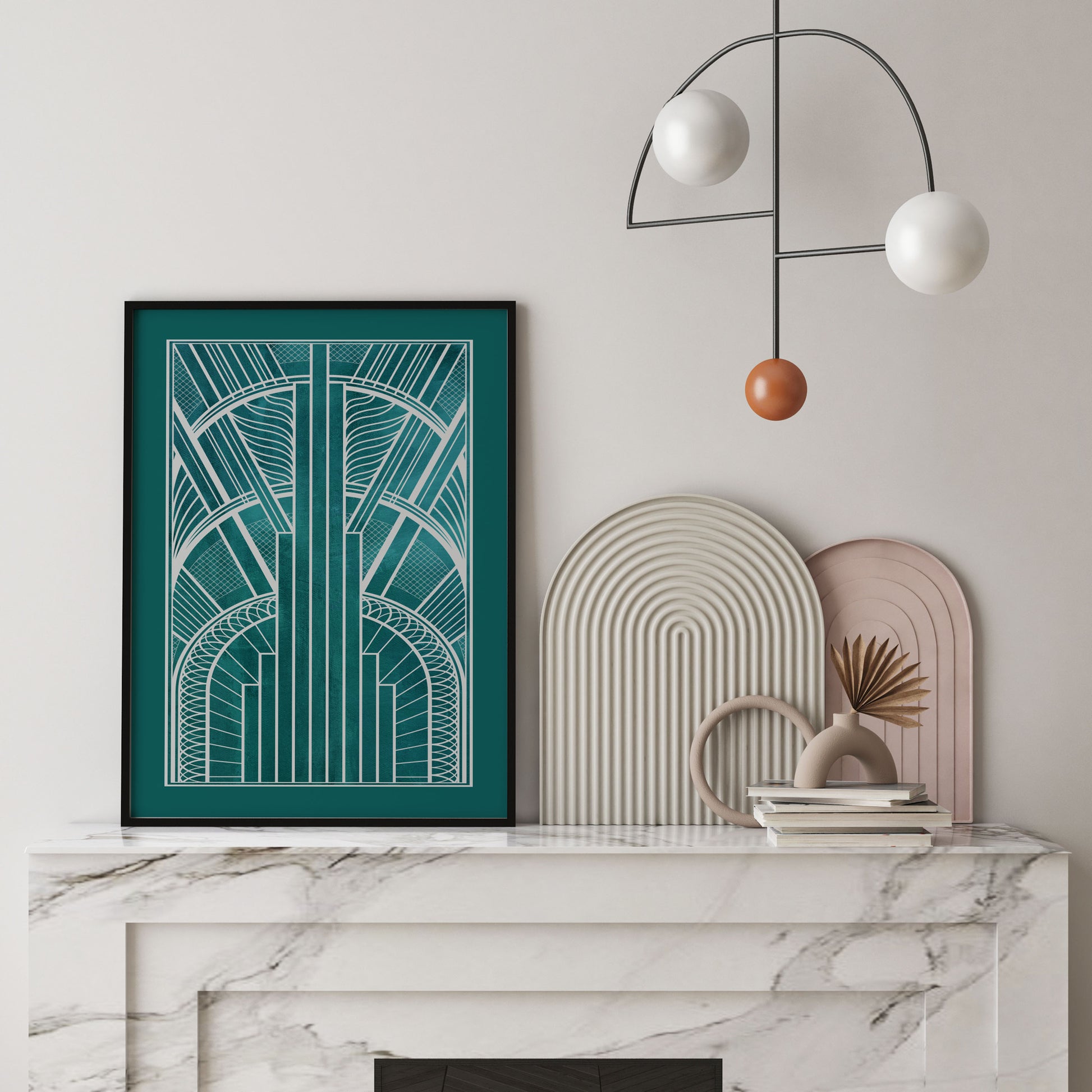 Teal art deco wall art print with silver detail