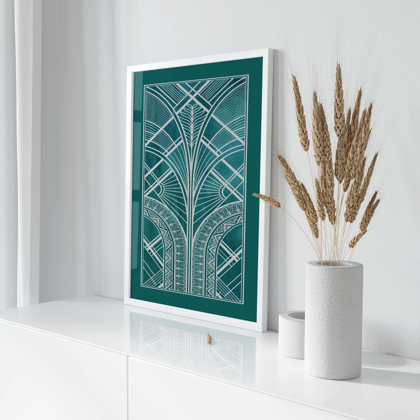 Teal and silver art deco wall art print