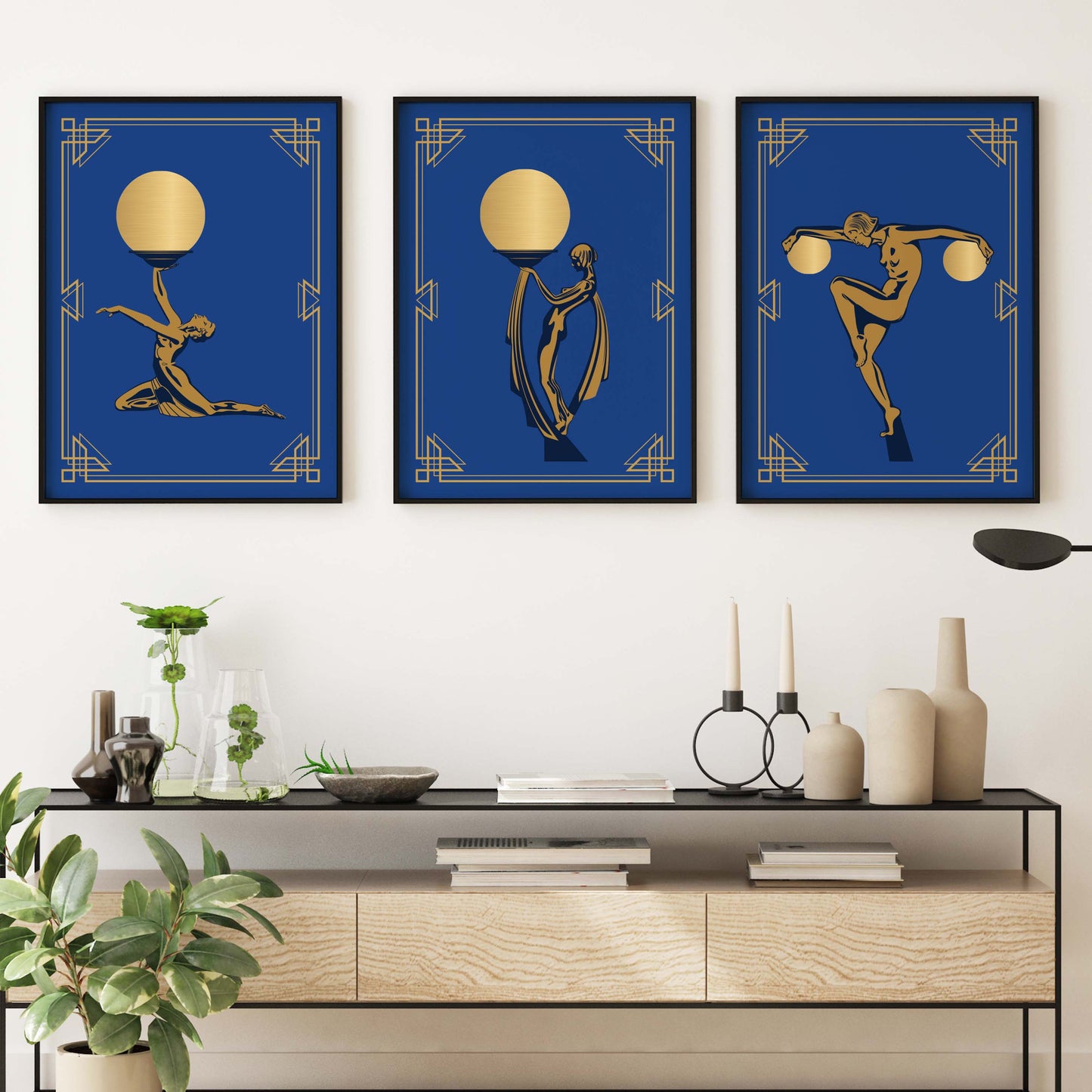 Blue and gold art deco woman prints, set of 3