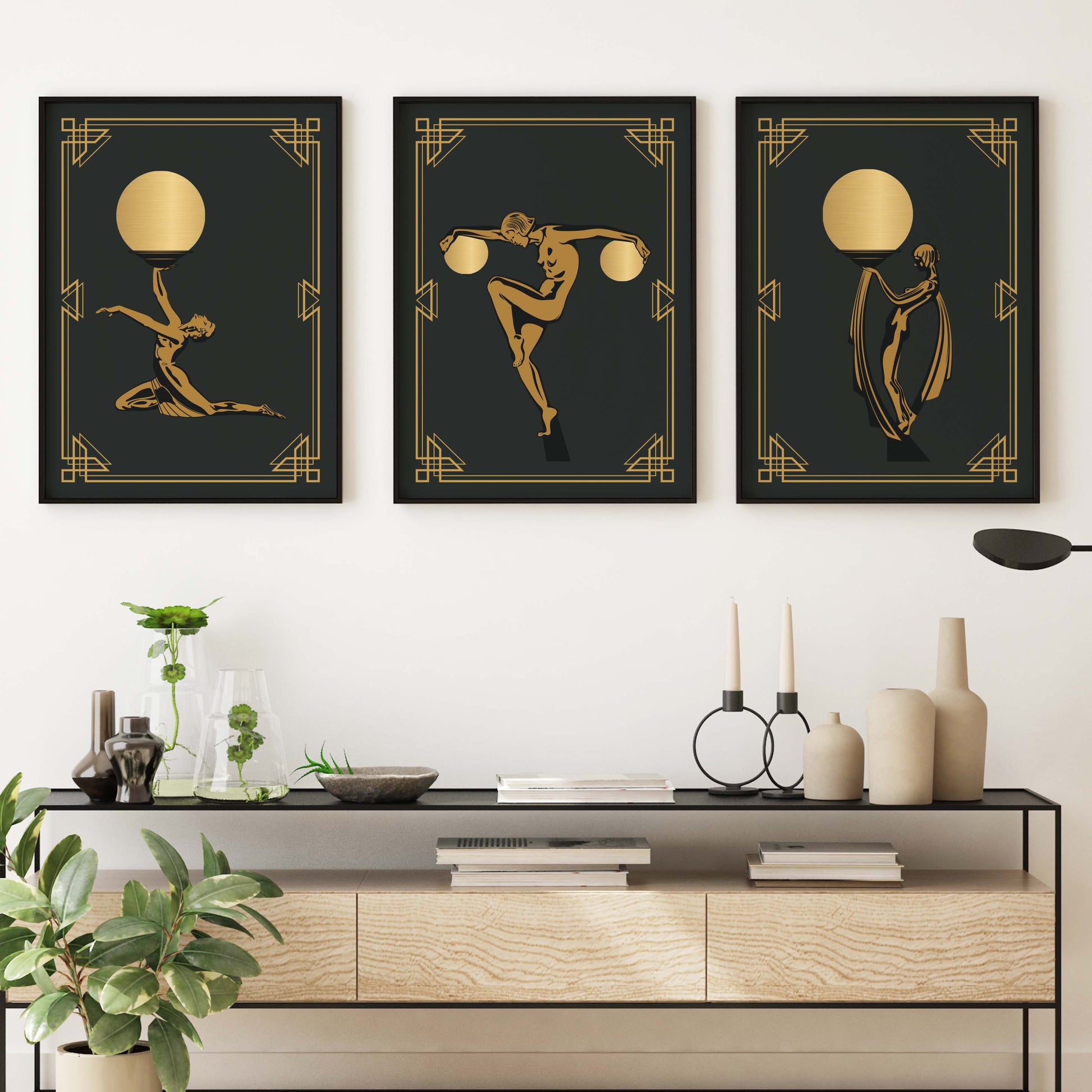 Art deco woman prints in black and gold, set of 3 wall art prints