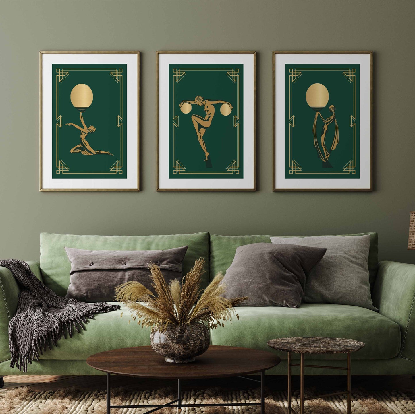 Set of 3 art deco wall art prints in green and gold