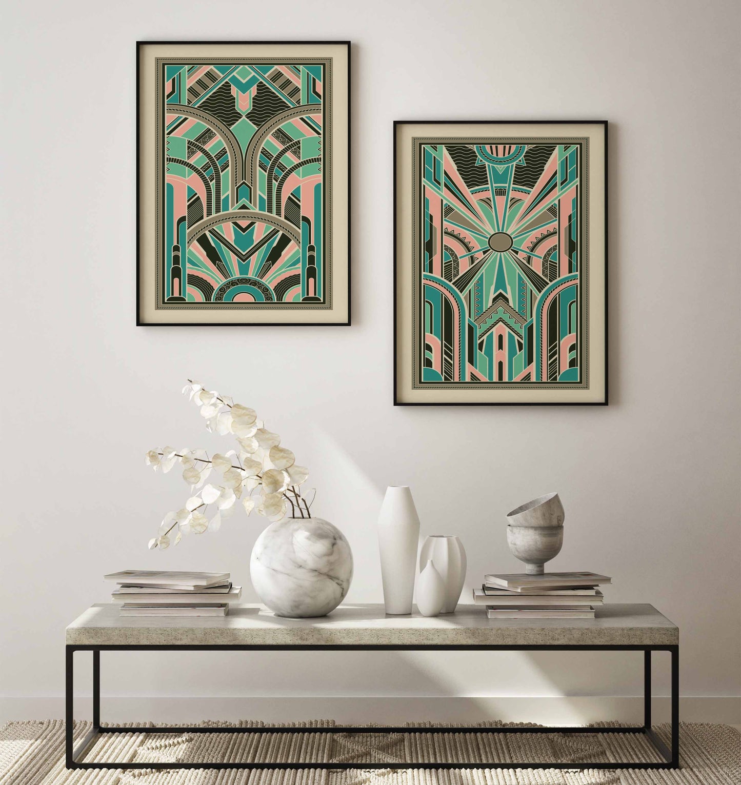 Set of 2 Art Deco Prints in Pink and Teal