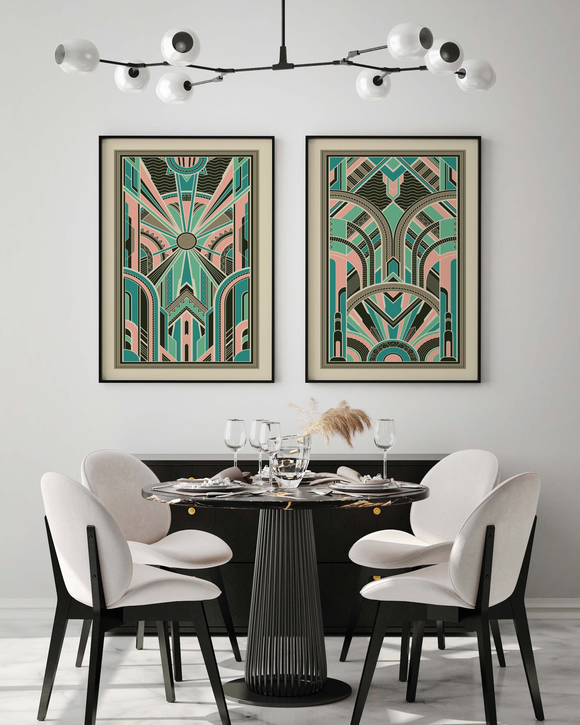 Set of 2 art deco prints in teal and pink