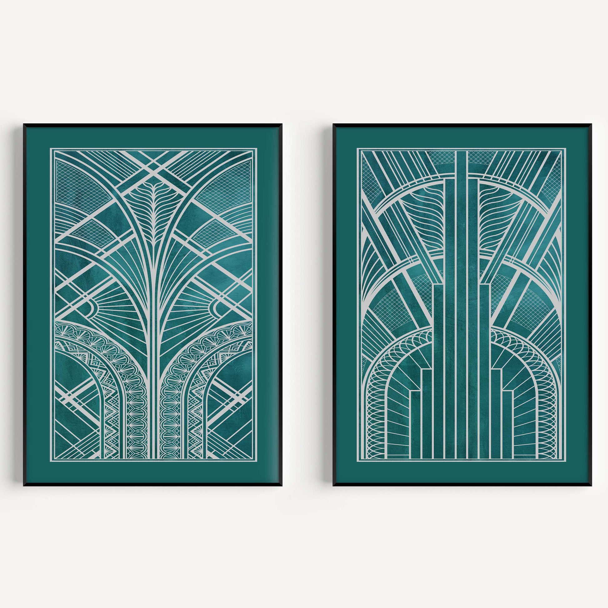 Art deco wall art print set in teal and silver