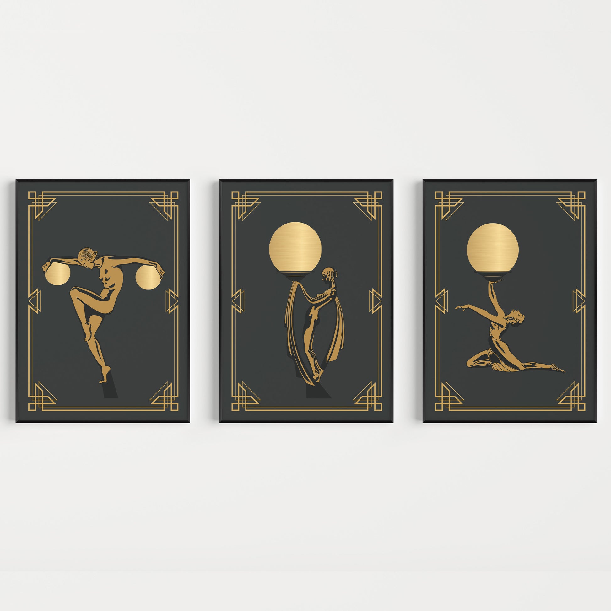 Set of 3 art deco woman prints in gold and black