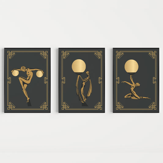 Set of 3 art deco woman prints in gold and black