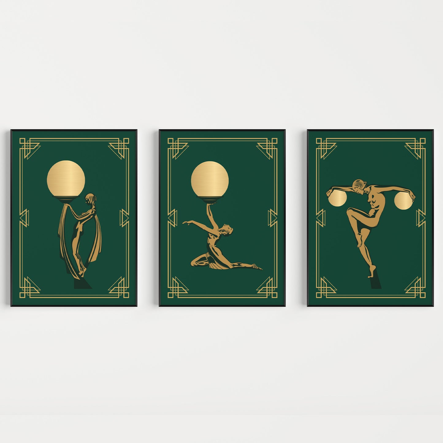 Set of green and gold art deco prints