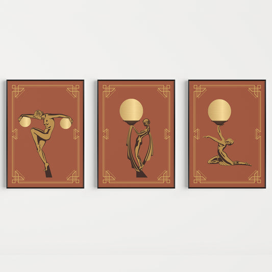 Orange art deco prints, set of 3