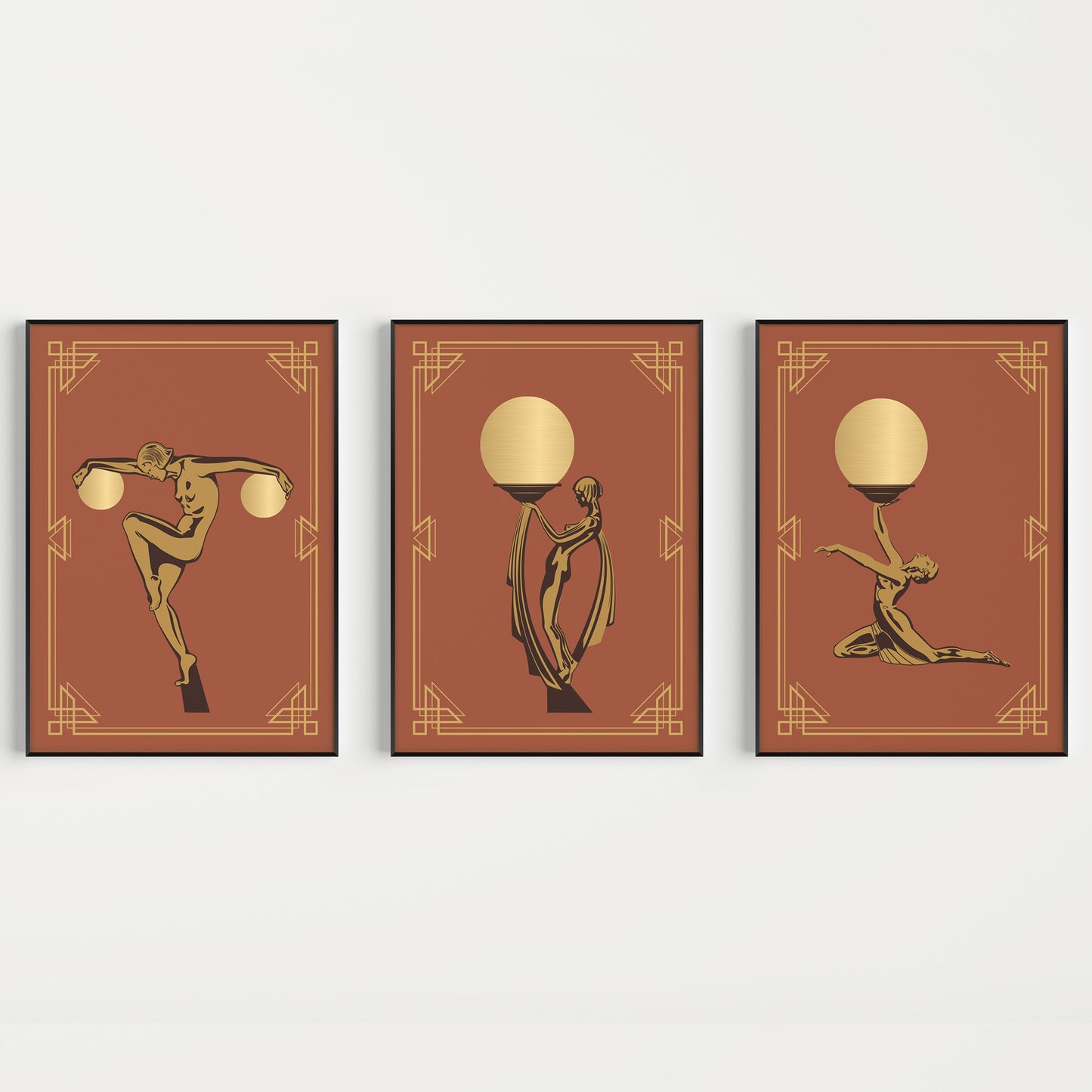 Orange art deco prints, set of 3