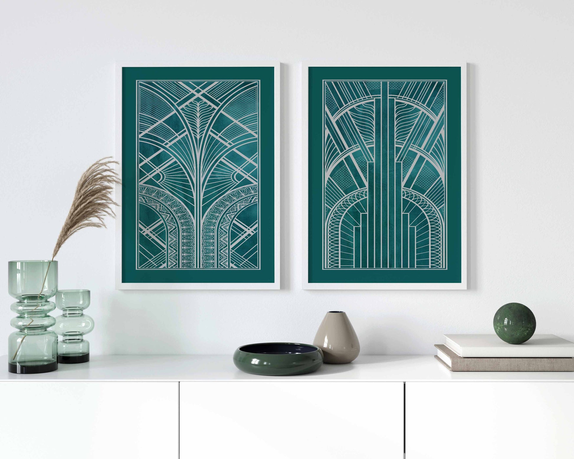 Set of 2 art deco art prints in teal and silver