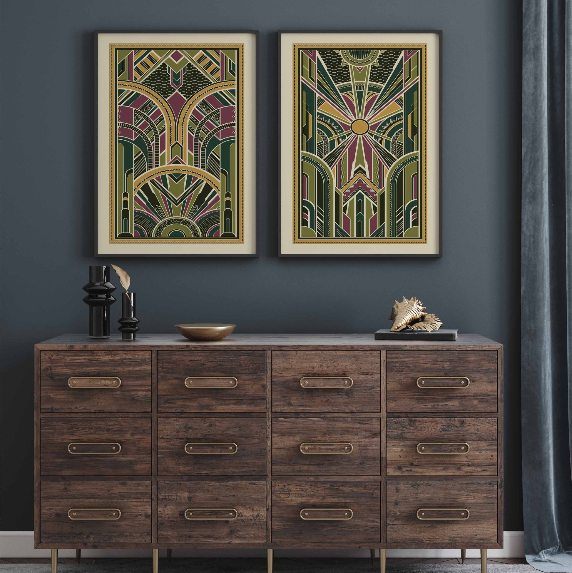 Geometric art deco posters in a rich green and gold colour scheme