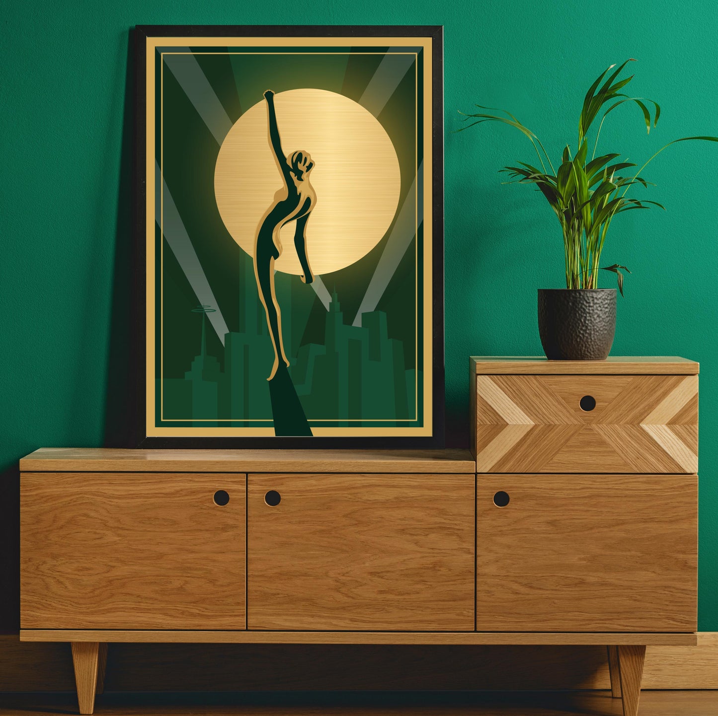 Art deco poster in green and gold