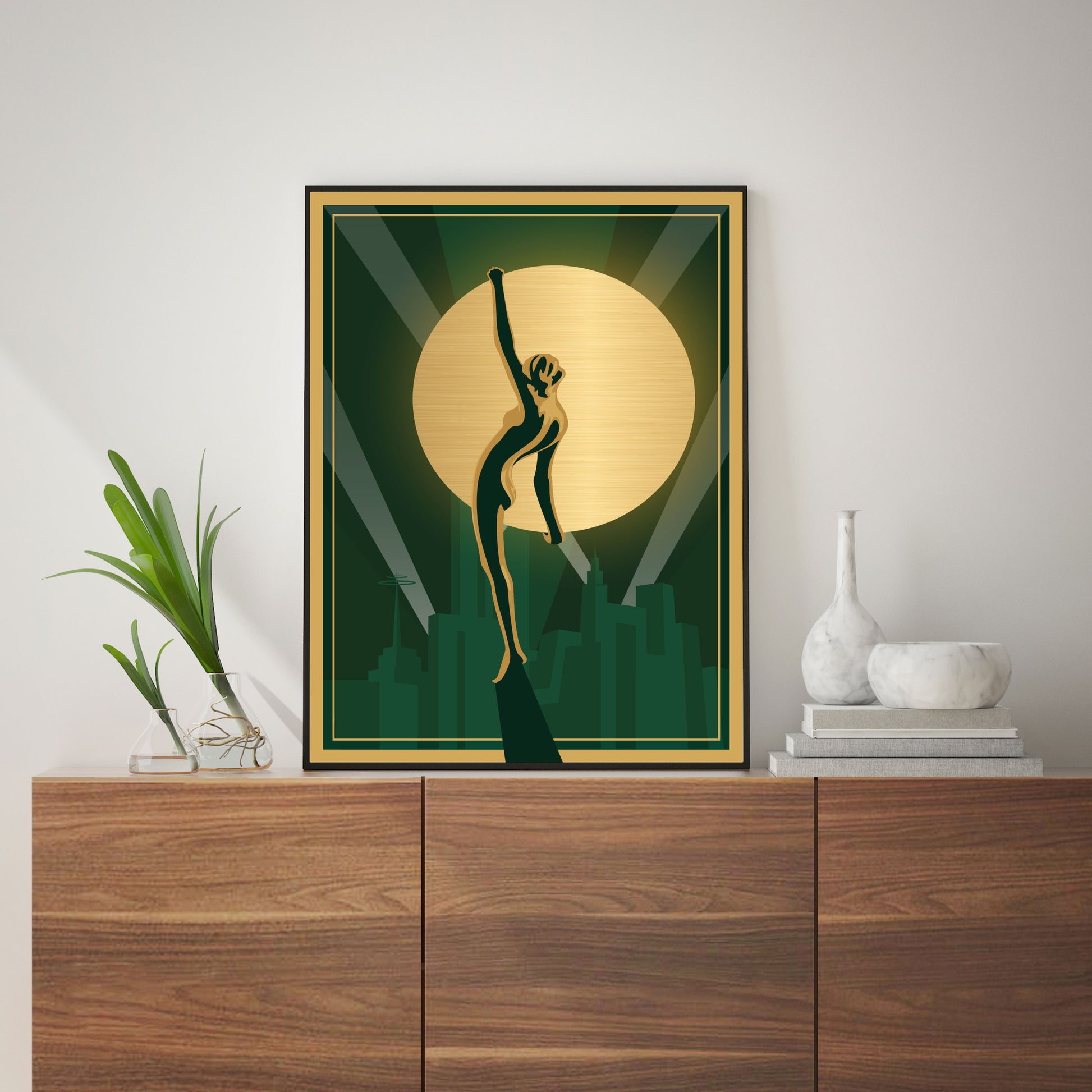 Green and gold art deco print